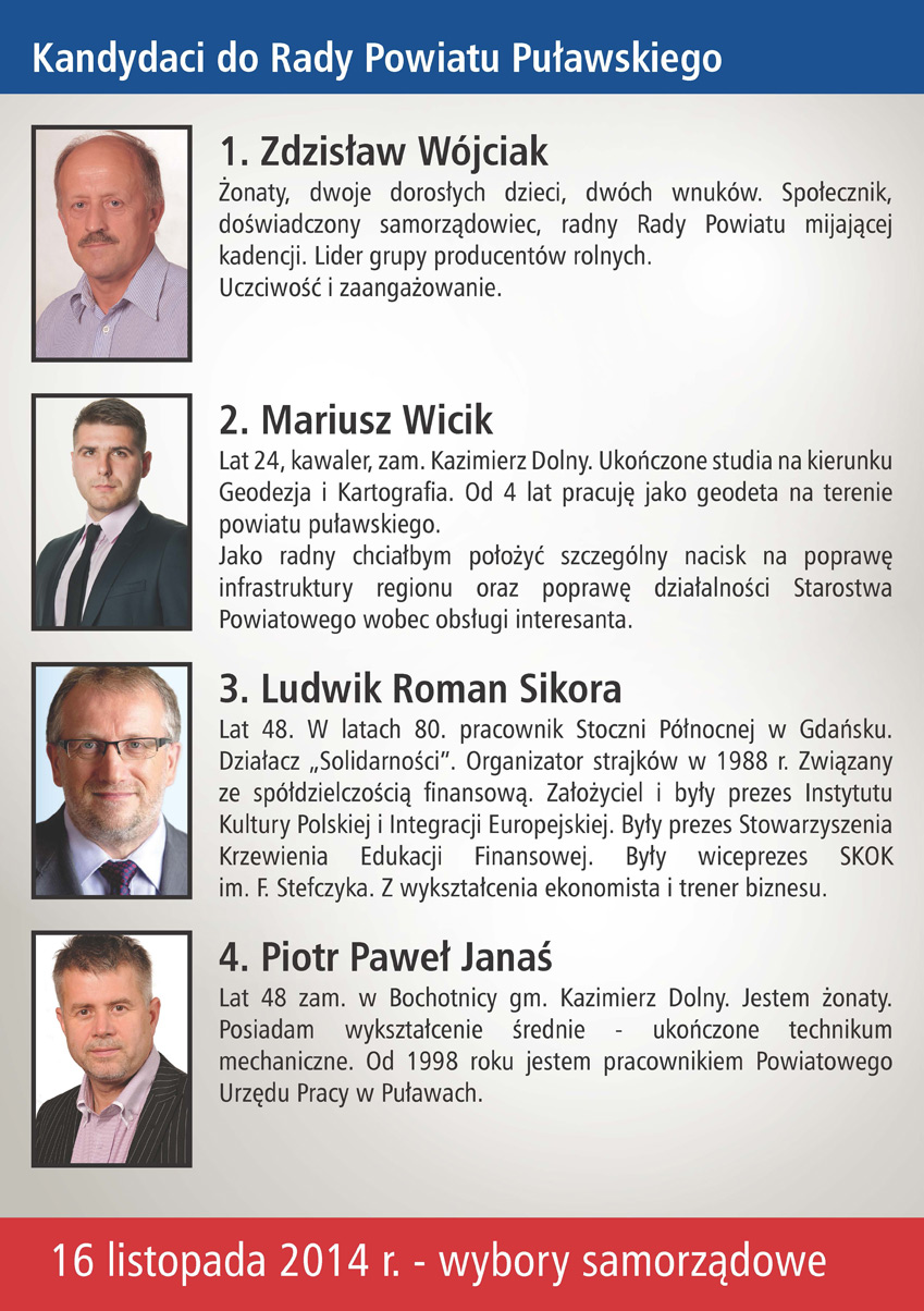 Komitet Wyborczy Prawo i Sprawiedlisowość kandydaci do Rady Powiatu Puławskiego - Nałęczów - wybory samorządowe 2014