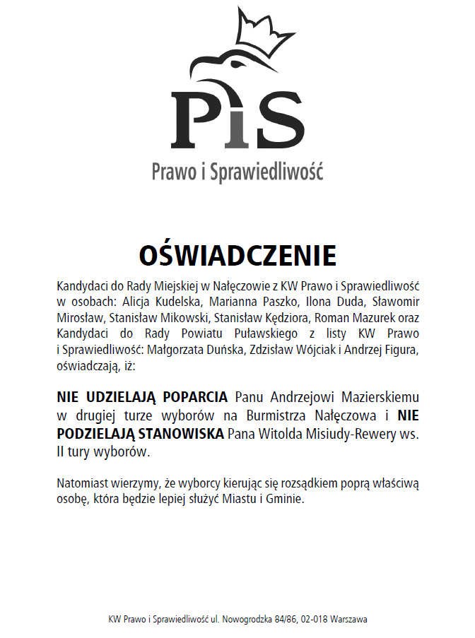 Oświadczenie KW PiS